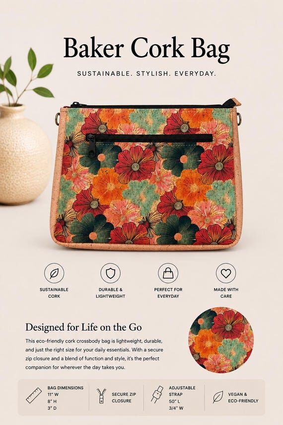 Cork Baker Bag w/Adjustable Strap - Handmade...