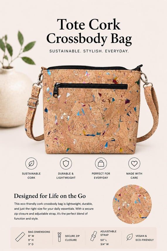 Vegan Handmade Cork Box Tote Crossbody Bag - ...