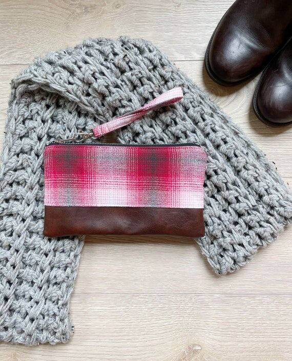 Red and white plaid flannel wristlet • Faux...