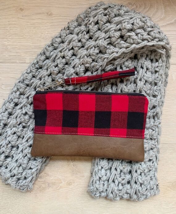 Red and black plaid flannel wristlet • Faux...