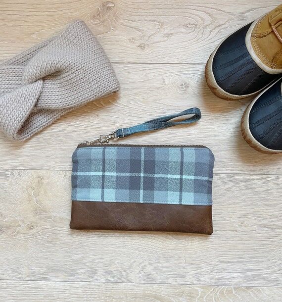 Blue and gray plaid flannel wristlet • Faux...