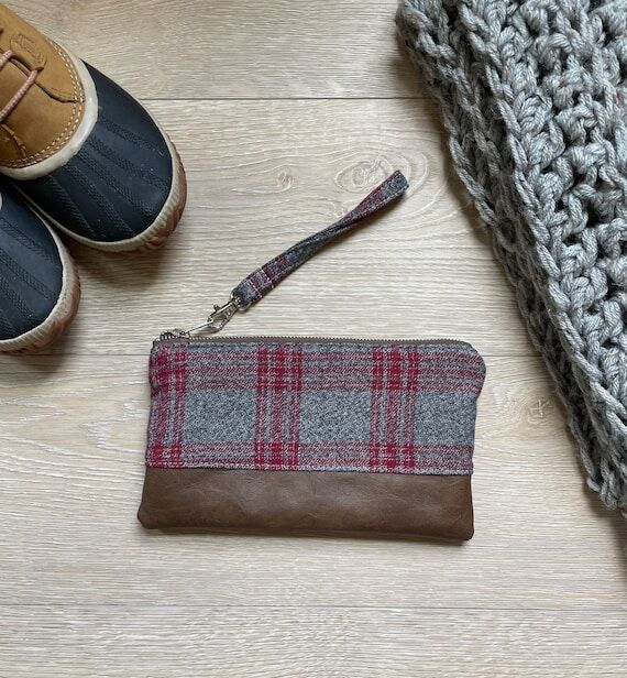 Red and gray plaid flannel wristlet • Faux ...
