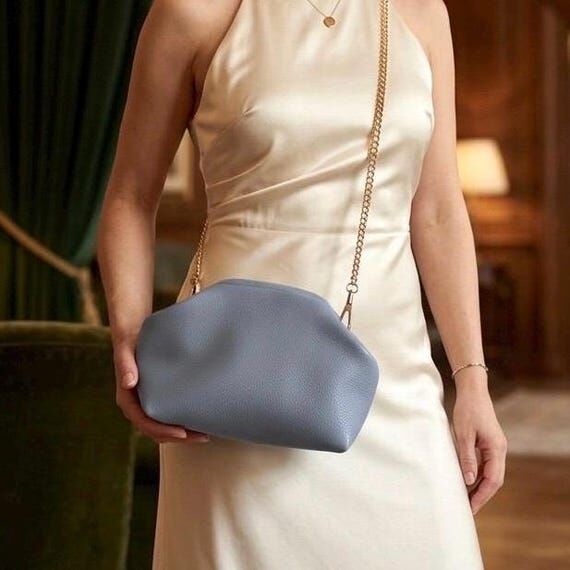 Handmade Light Blue Leather Clutch, Frame Loc...