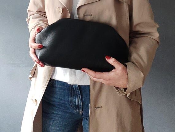 Black Genuine Leather Clutch Bag, Handmade Ch...