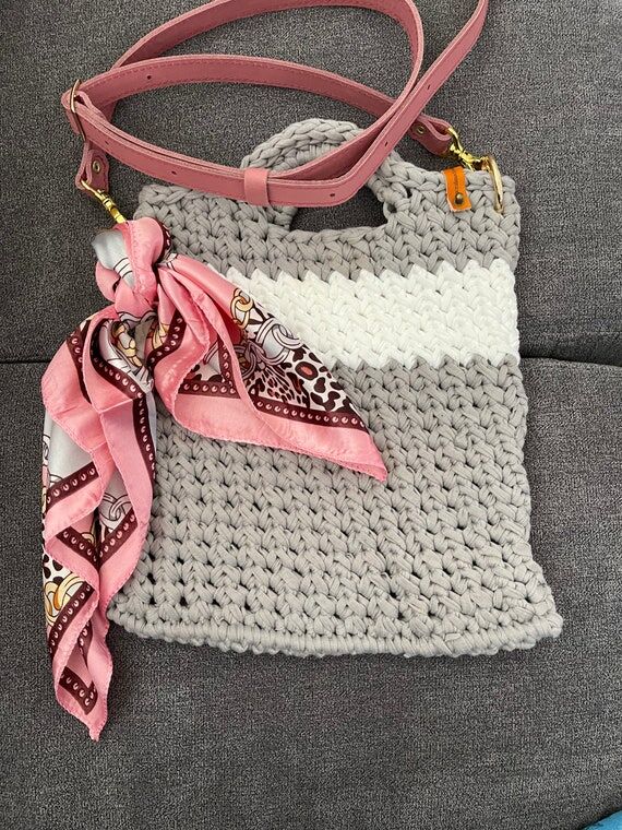 Handmade Crochet Crossbody Bag with Leather S...
