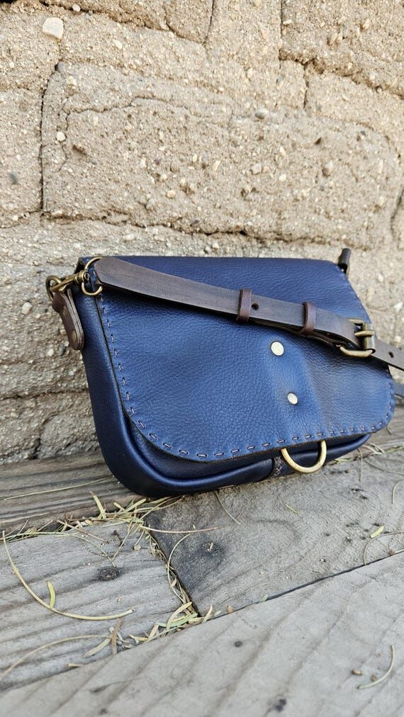 Cobalt Blue Leather Crossbody Saddle Bag: Med...