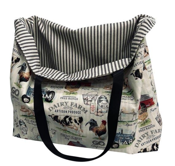 Reversible Ticking Cotton Shopping Bag: Handm...