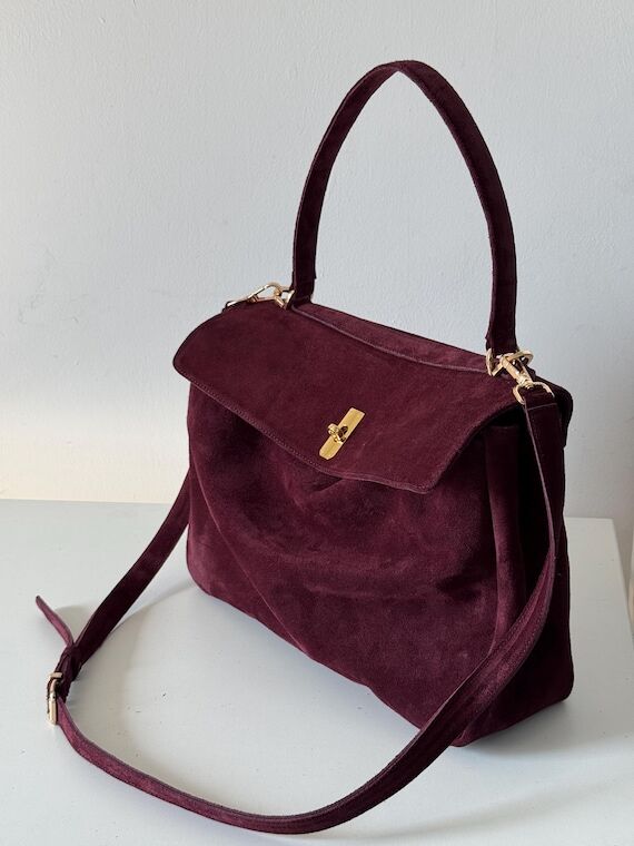 Burgundy Suede Tote Bag, Handmade Leather Han...