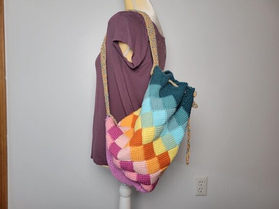 Crochet Multicolor Slouchy Patchwork Bucket B...