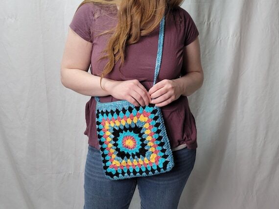 Crochet Granny Square Cross Body Bag, Handmad...