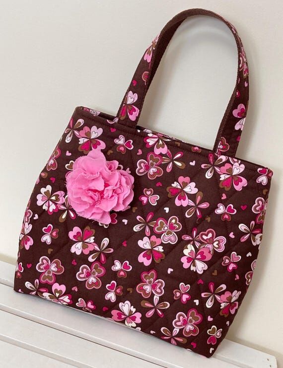 Quilted Handbag, Brown and Pink Hearts & Flow...