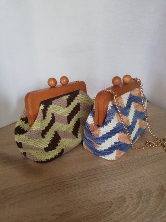 Crochet Bag with Wooden Frame, Boho Knit Clut...