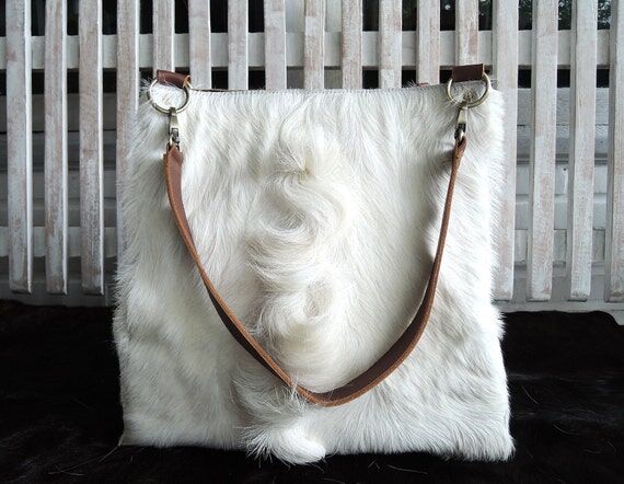 Large White Cowhide Bucket Bag, Handmade Leat...