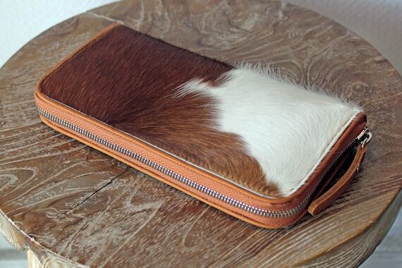 Tan White Cowhide Wallet, Calf Hair Purse, La...