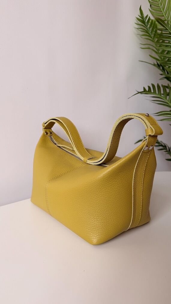 Lime Green Leather Shoulder Bag, Handmade Lea...