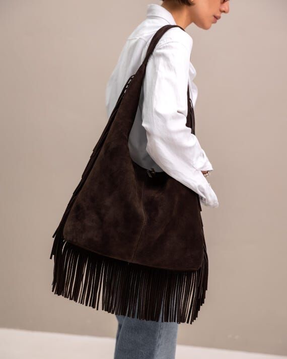 Brown Suede Fringe Shoulder Bag – Handmade ...