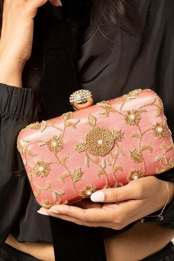 Peony Clutch- Pink Boho Hand Embroidered Clut...