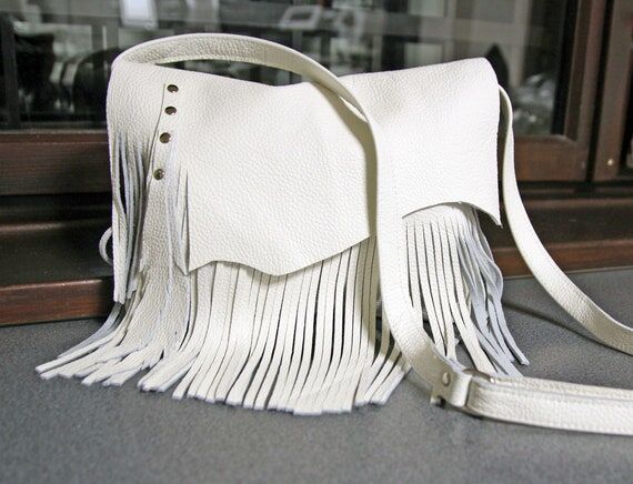 White leather fringe crossbody purse -Minuima...
