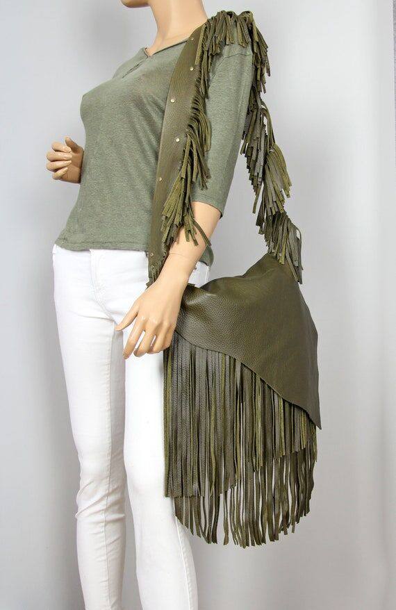 Western Fringe Bag - Olive Green Leather Cros...