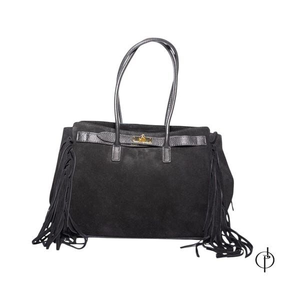 Handmade Italian Suede Fringe Tote Bag, Leath...