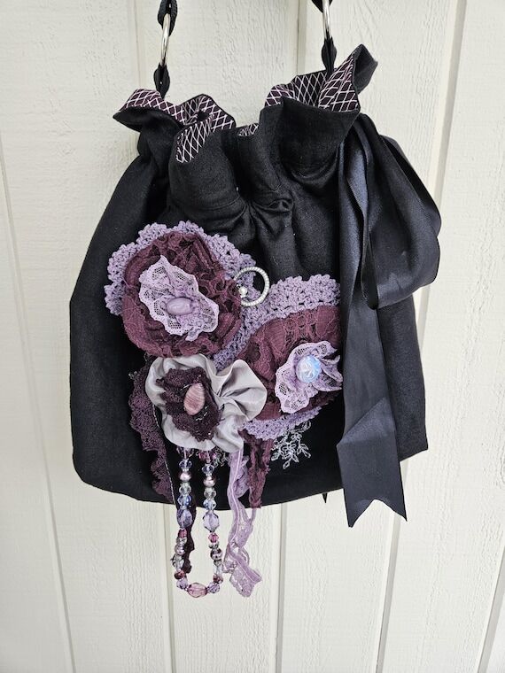 Drawstring Bag, Black linen, Boho Floral Pur...