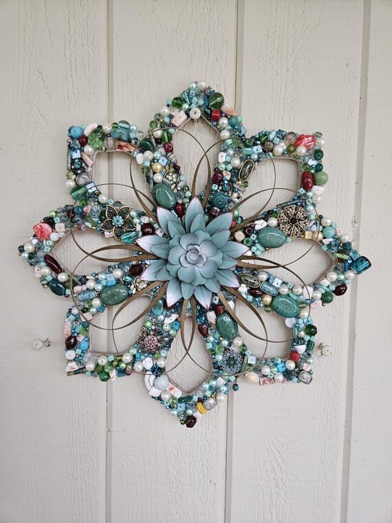 Beaded Wooden Wall Flower Art, Teal and Brown...
