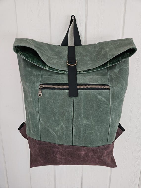 Large Waxed Canvas Backpack, Green and Brown...