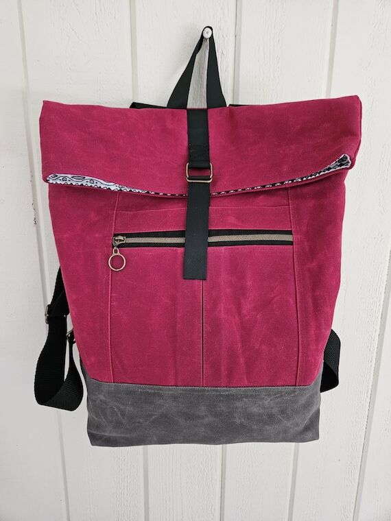 Large Waxed Canvas Backpack, Red and Charcoa...