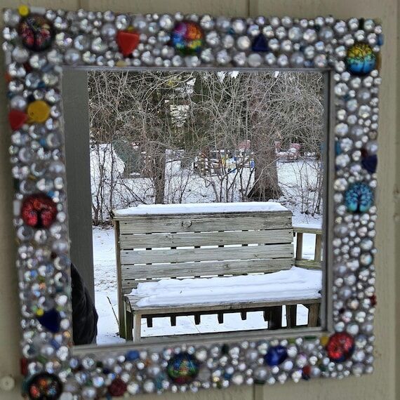 Hand‑Beaded Mirror, Silver Rhinestones & Fa...