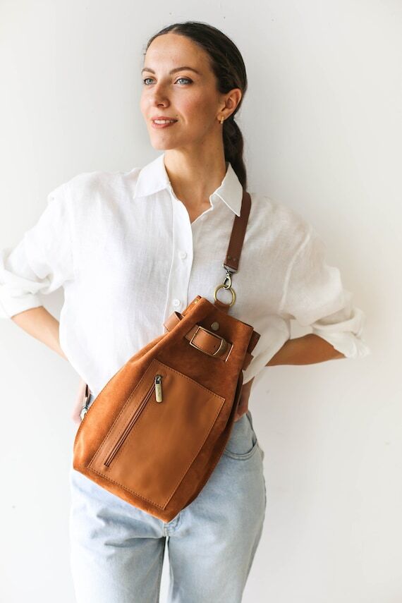 Leather Sling Bag, Brown Suede Bag, Leather B...