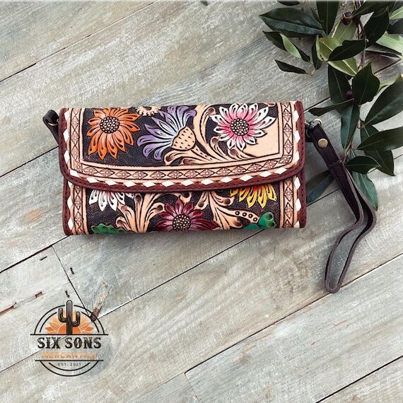 Western Hand Tooled Leather Wallet Purse, Han...