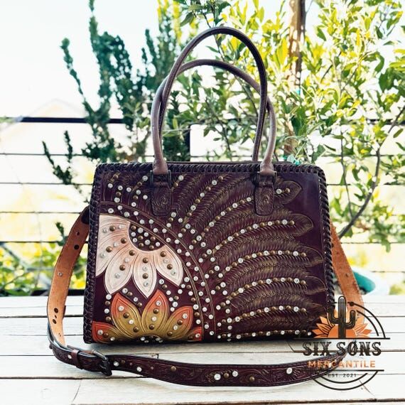 Brown Leather Purse, Western Purse, Floral Le...