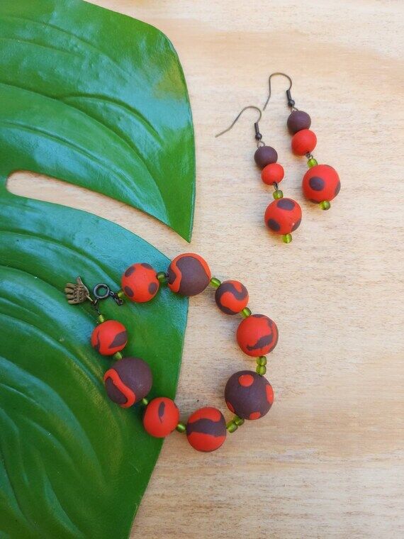 Tomatoe Red & Brown Polymer Clay Bracelet and...