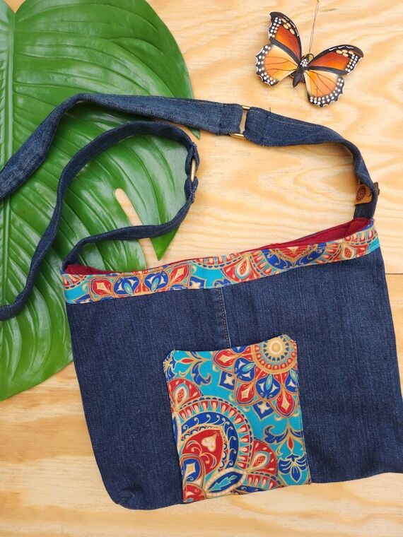 Mandala Flower Upcycled Crossbody/Shoulder ba...