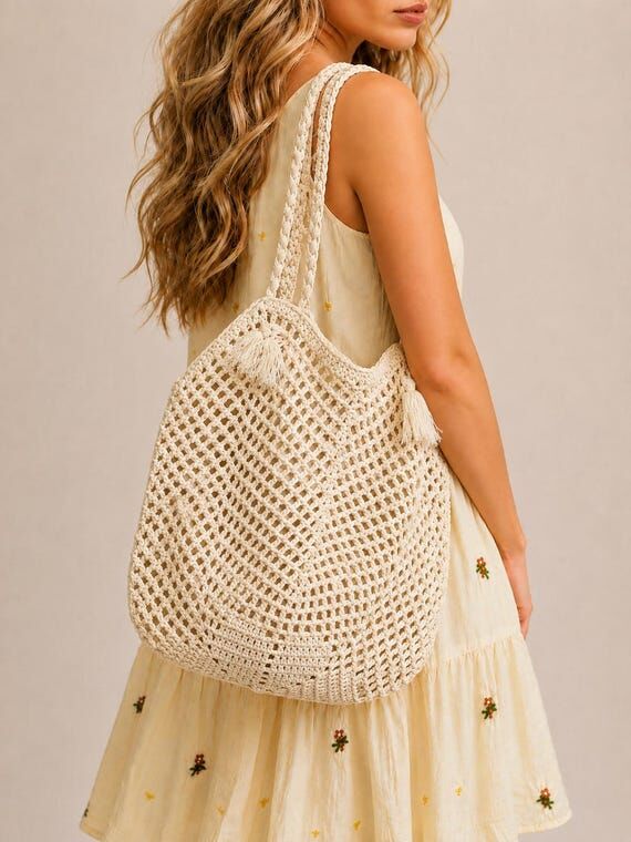 Handmade Crochet Retro Tote Bag – Vintage S...