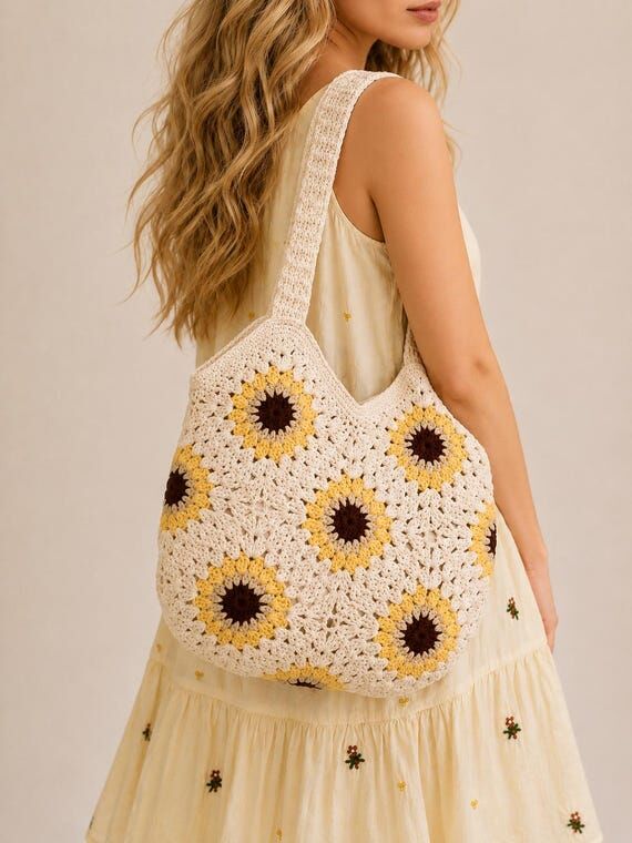Handmade Crochet Sunflower Tote Bag – Boho ...