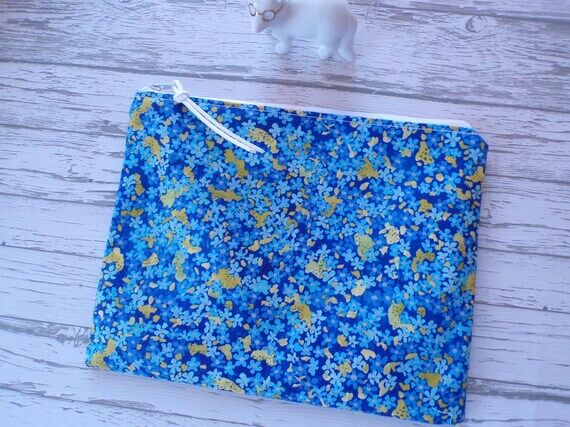Floral Zipper Pouch: Blue Cotton Cosmetic Bag...