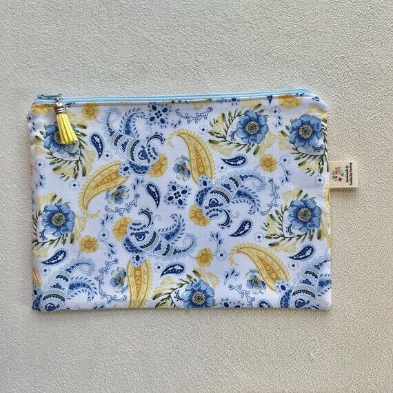 Paisley Zipper Pouch: Blue & Yellow Cotton Ac...
