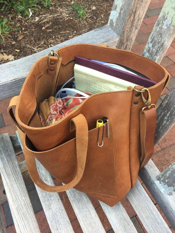 Handmade Vegetable Tanned Leather Tote Bag wi...