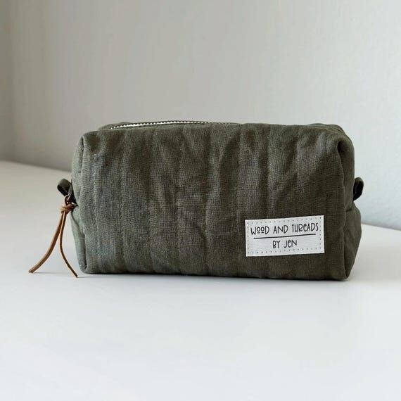 Olive Quilted Boxy Pouch, Small Handmade Make...