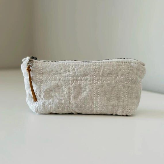 Oat Quilted Linen Zipper Pouch, Slim Handmade...