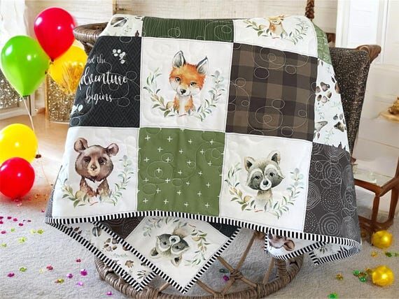 Handmade Woodland Animal Baby Quilt: Green & ...