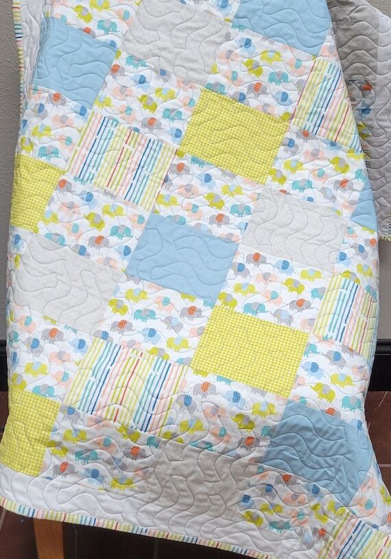 Handmade Elephant Baby Quilt, Blue & Yellow P...
