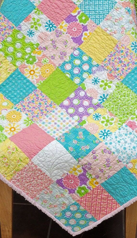 Handmade Patchwork Nursery Quilt, Bright Colo...