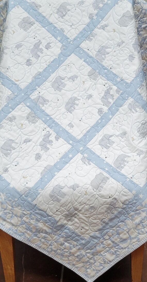 Handmade Nursery Quilt, Patchwork Elephant Pr...