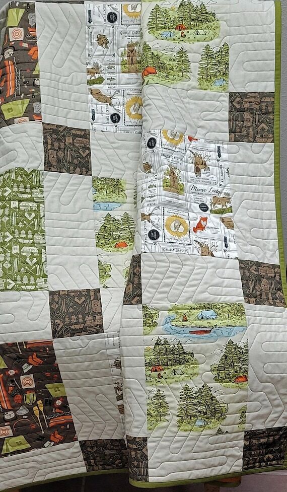 Handmade Patchwork Throw Quilt, Camping Theme...