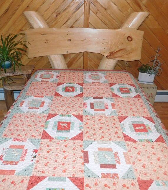 Handmade Horse Quilt: Coral and Sage Green Th...