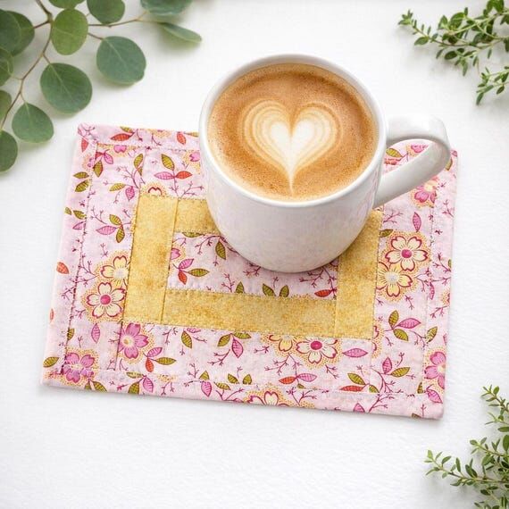 Pink and Yellow Floral Quilted Mug Rug • La...