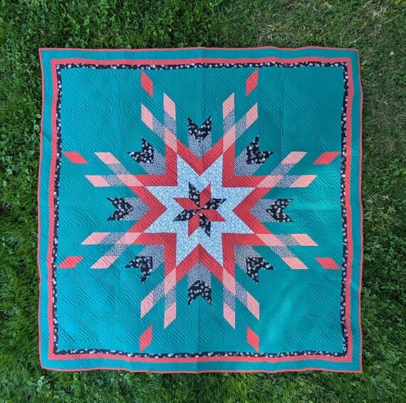 Handmade Fireflake Quilt - Orange, Teal and B...