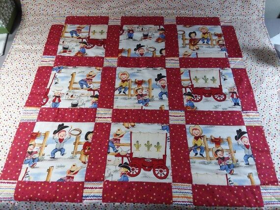 Cute Cowboy Patchwork Baby Quilt, 39" Sq...
